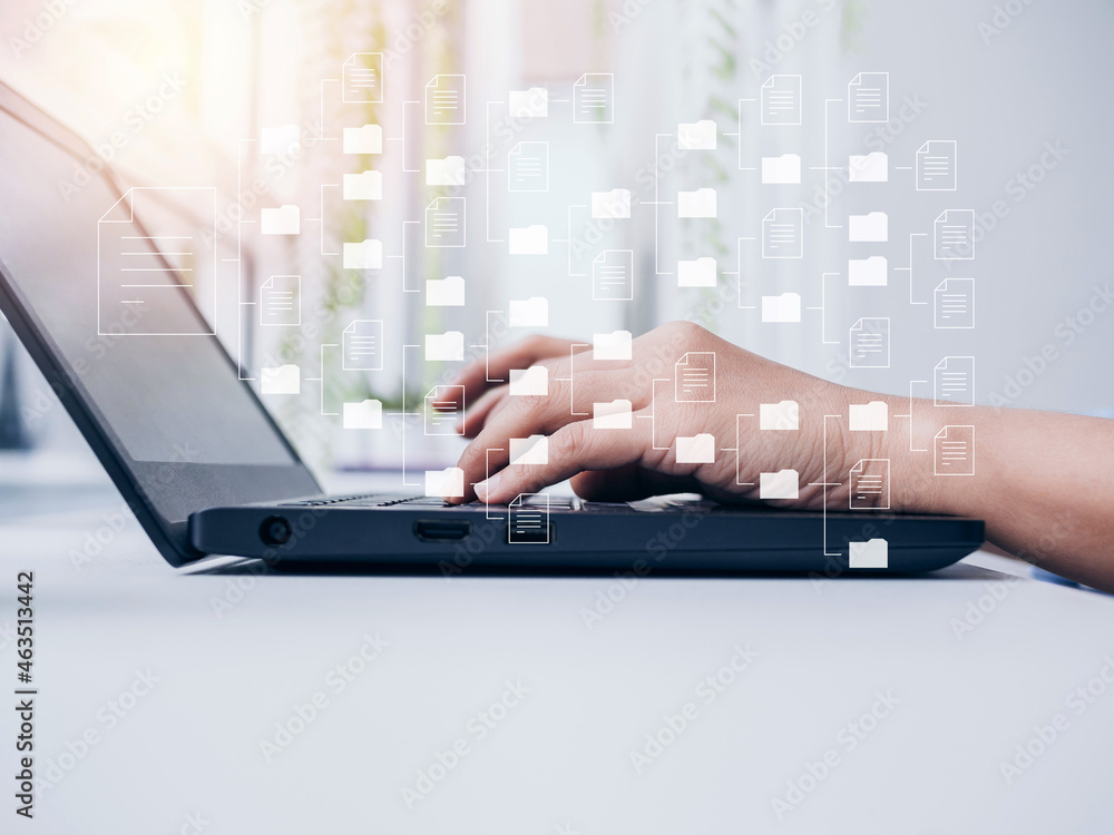 Poster document management. document file information and folders icons with businessman hands working on l