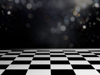 Empty chessboard background floor pattern in perspective on dark background with bokeh. Chess board...