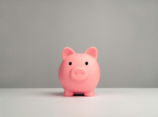 Pink piggy bank front view isolated on white table and grey background. Saving money and business investment concept.