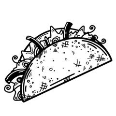 Taco vector icon. Hand-drawn illustration isolated on white background. Traditional Mexican dish. Fast food sketch. The contour of the meat filling in a hot tortilla. Monochrome element.