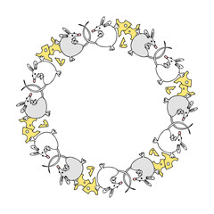 Round doodle frame with mice and cheese. Outline drawing of a rodent with food in the shape of a wreath. Vector freehand drawing of gray and white rats with a slice of yellow cheese.