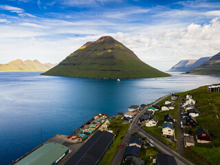 Beautiful aerial view of the majestic Kunoy Park near the City of Klaksvik in the Fareo Islands 