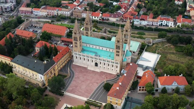 Bird's Eye View Of Bishop's Palace Near Pecs Cathedral, Roman Catholic Church In Pec City, Hungary. - aerial