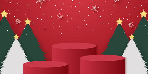 Red cylinder podium with christmas trees, snowflakes and snow falling, template mockup for event in paper art