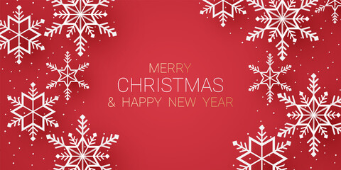 Merry Christmas, snowflakes and snowfall background with lettering in paper art style