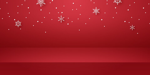 Red empty studio room with snow falling for product background and template mockup for Christmas day