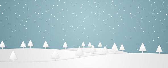 Christmas time, winter landscape with trees on hill and snowfall in paper art style