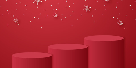 Red cylinder podium with snowflakes falling and template mockup for Christmas event