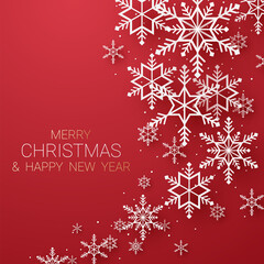 Merry Christmas, snowflakes and snowfall background with lettering in paper art style