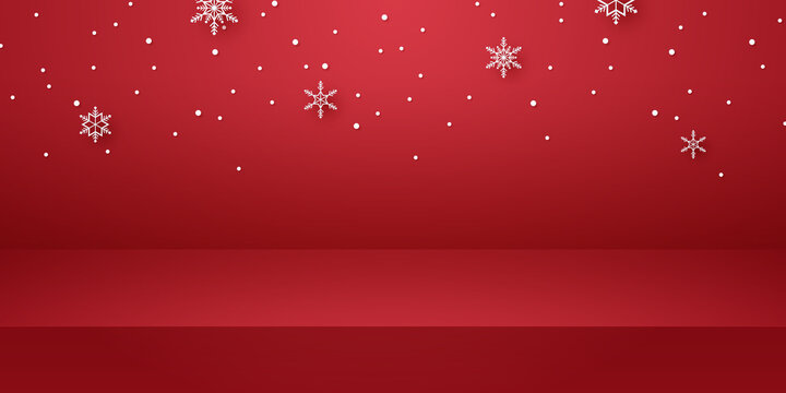 Red empty studio room with snow falling for product background and template mockup for Christmas day