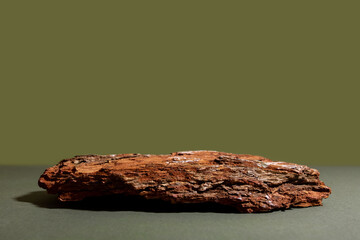 Composition of bark tree on green background. Abstract podium for organic cosmetic products. Natural stand for presentation and exhibitions.