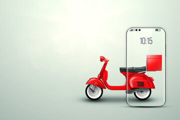 Red scooter drives out of the smartphone on a light background. Delivery concept, online ordering, food delivery, last mile. 3D illustration, 3D render. © Aliaksandr Marko