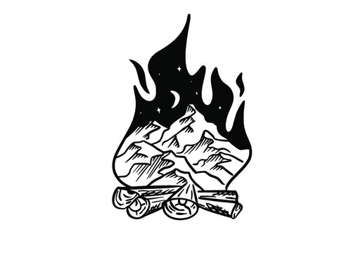 Illustration for sport camping, campfire, emblem camping, hobby illustration. Vintage mountain campfire vector logo and labels set