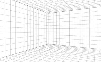 perspective grid for interior room design, corner view, 3d black and white template useful for interior designers and architects