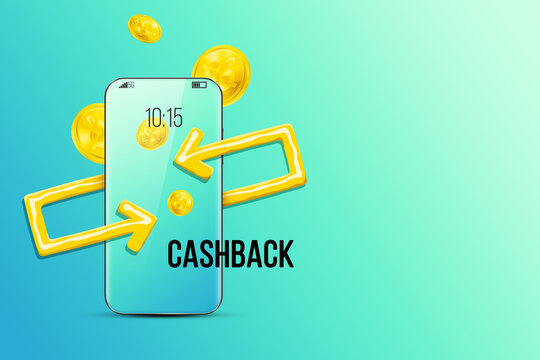 Smartphone and yellow arrows on a blue background, coins are falling. Cashback concept, internet shopping, banner, template. 3D illustration, 3D render.