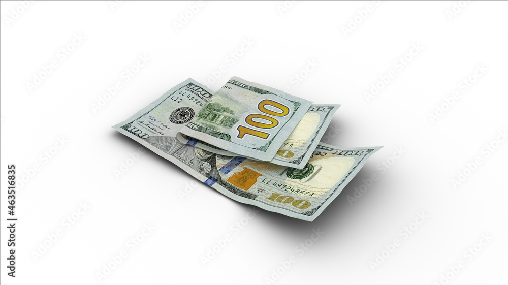 Poster 3d rendering of double 100 us dollar notes with shadows on white background