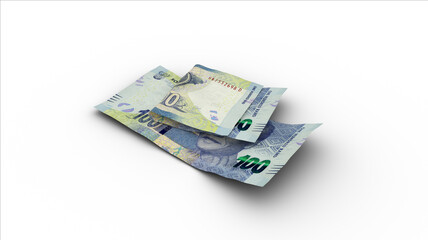 3D rendering of Double 100 South African rand notes with shadows on white background