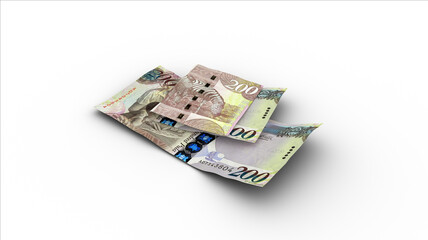 3D rendering of Double 200 Botswanan Pula notes with shadows on white background