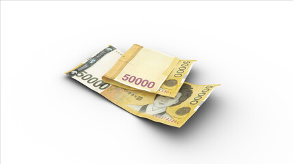 3D rendering of Double 50000 Korean won notes with shadows on white background