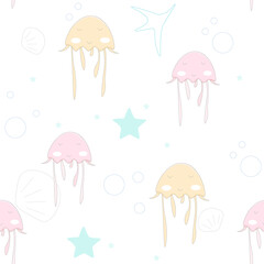 Seamless pattern with cute jellyfish. Vector illustration.