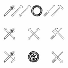 Simple and unique mechanical equipment like gear, hammer, screwdriver, and wrench image graphic icon logo design abstract concept vector stock. Can be used as a symbol related to machine or tool.
