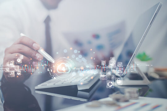 Business man targets innovations in the automated cloud storage industry. technology information optimization concept