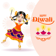 Excited girl with cracker and lamp celebrating Diwali