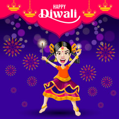 Happy Diwali greetings from excited girl celebrating with lamp and crackers