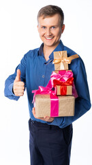 man with gifts. the guy is holding a lot of gifts. businessman congratulates on the holiday. isolated white background