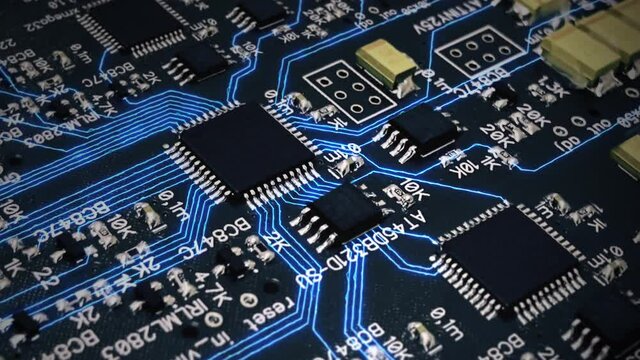 Visualization of advanced technologies, the processor chip on the printed circuit board turns on and sends digital data and calculations to electronic networks using a microprocessor. Lines move data.