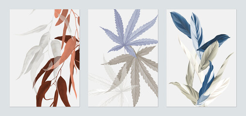 Foliage poster template design, various colorful leaves on grey