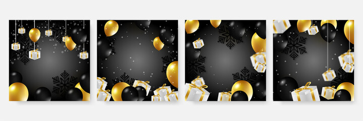 Black and gold christmas balloon decorations with glitter and gift box. Christmas and new year gold glitter luxury card set. Merry Christmas modern card set elements.