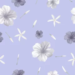 Muurstickers Floral seamless pattern, white and purple ruellia tuberosa flowers and on purple © momosama