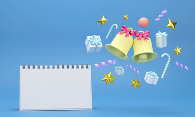 calendar on festive celebrations for christmas and new year party christmas balls ribbons gift boxes on red background.