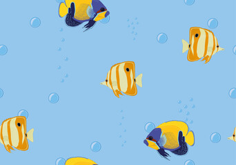 Fototapeta na wymiar Seamless background tropical fish butterflyfish, angelfish in water vector illustration