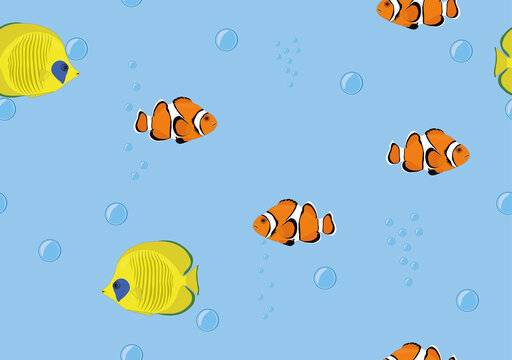 Seamless background tropical fish butterflyfish, clownfish in water vector illustration © Diana Wolfskin