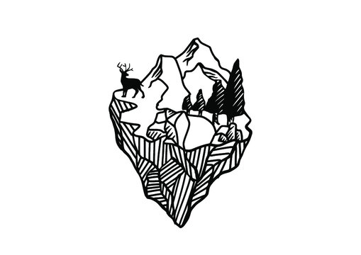 Hand drawn travel badge with deer antlers and mountains textured vector illustration and "Be wild and free" inspirational lettering.