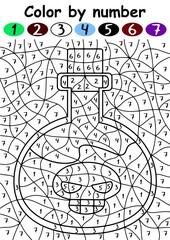 Poison bottle color by number game for kids vector illustration. Halloween coloring page with numbers - vertical printable worksheet. Hand-drawn poison bottle with skull activity page vector