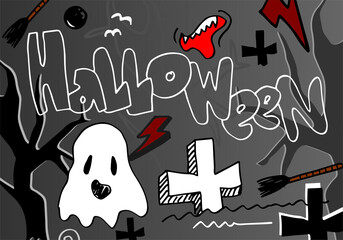 Hand drawn halloween, doodle, set, banner and foster