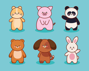 six kawaii animals characters
