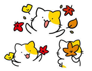 Fototapeta premium 秋の紅葉を楽しむかわいいねこのキャラクターの手書き風イラスト