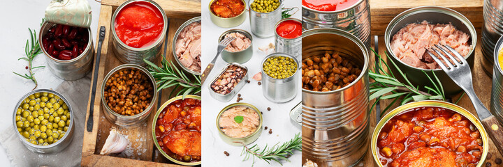 Collage of Various canned vegetables, fish and peas in aluminum cans.