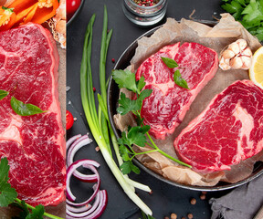 Collage made of meat raw steaks with seasoning and herbs on dark background.