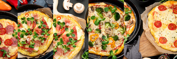 Collage made of delicious fresh pizzas variety with different souces and vegetables