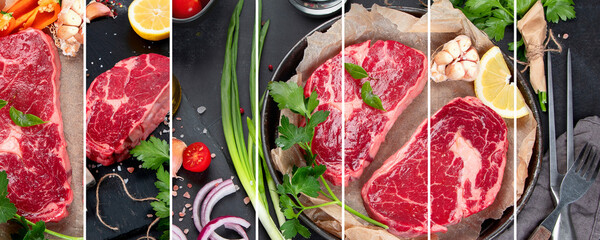 Collage made of meat raw steaks with seasoning and herbs on dark background.