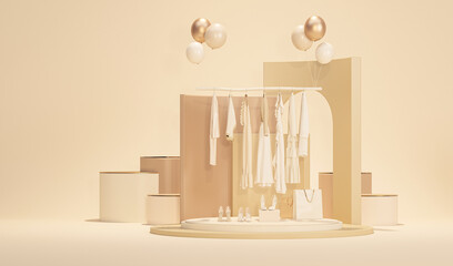 Clothes on a hanger surrounding by shopping bag and gift on pastel background. Collection of clothes hanging on a rack in neutral beige colors. 3d rendering, store and sale concept