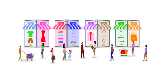 Online shopping landing page. Flat people characters with shopping. Perfect for web design, banner, mobile app, landing page. Vector illustration.