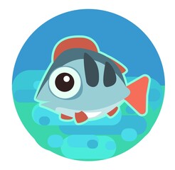 Tropical blue fish. Little landscape. Underwater life. Wild animals. Ocean, sea. Summer water. Isolated on white background. Illustration in cartoon style. Flat design. Vector art