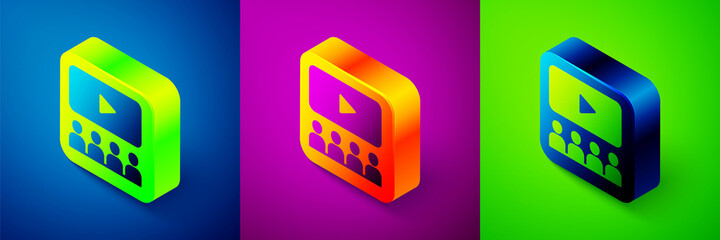 Isometric Cinema auditorium with screen icon isolated on blue, purple and green background. Square button. Vector