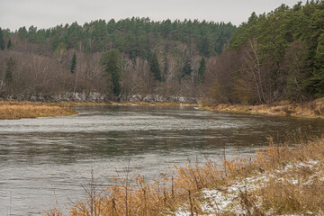 Autumnal view of Neris river near Šilėnai village, Vilnius, Lithuania. Neris Regional Park on a cloudy day. Selective focus on the water, blurred background.